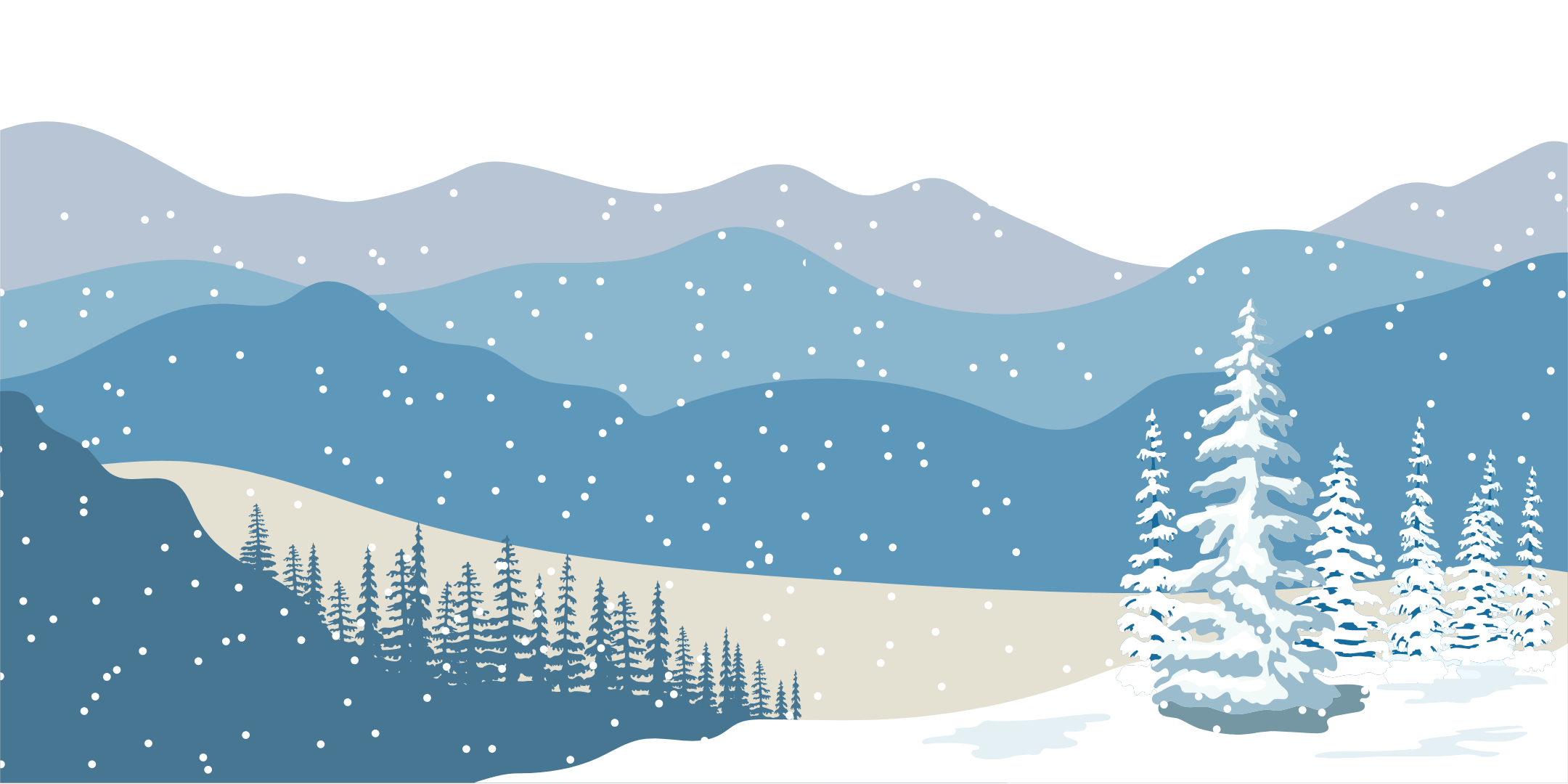 Snowy landscape with rolling blue hills, a starry night sky, and snow-covered evergreen trees in the foreground.