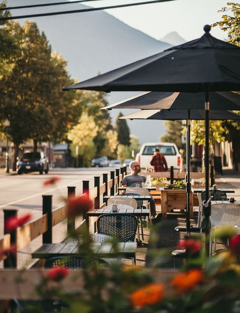 outdoor patio during summer months with umbrellas