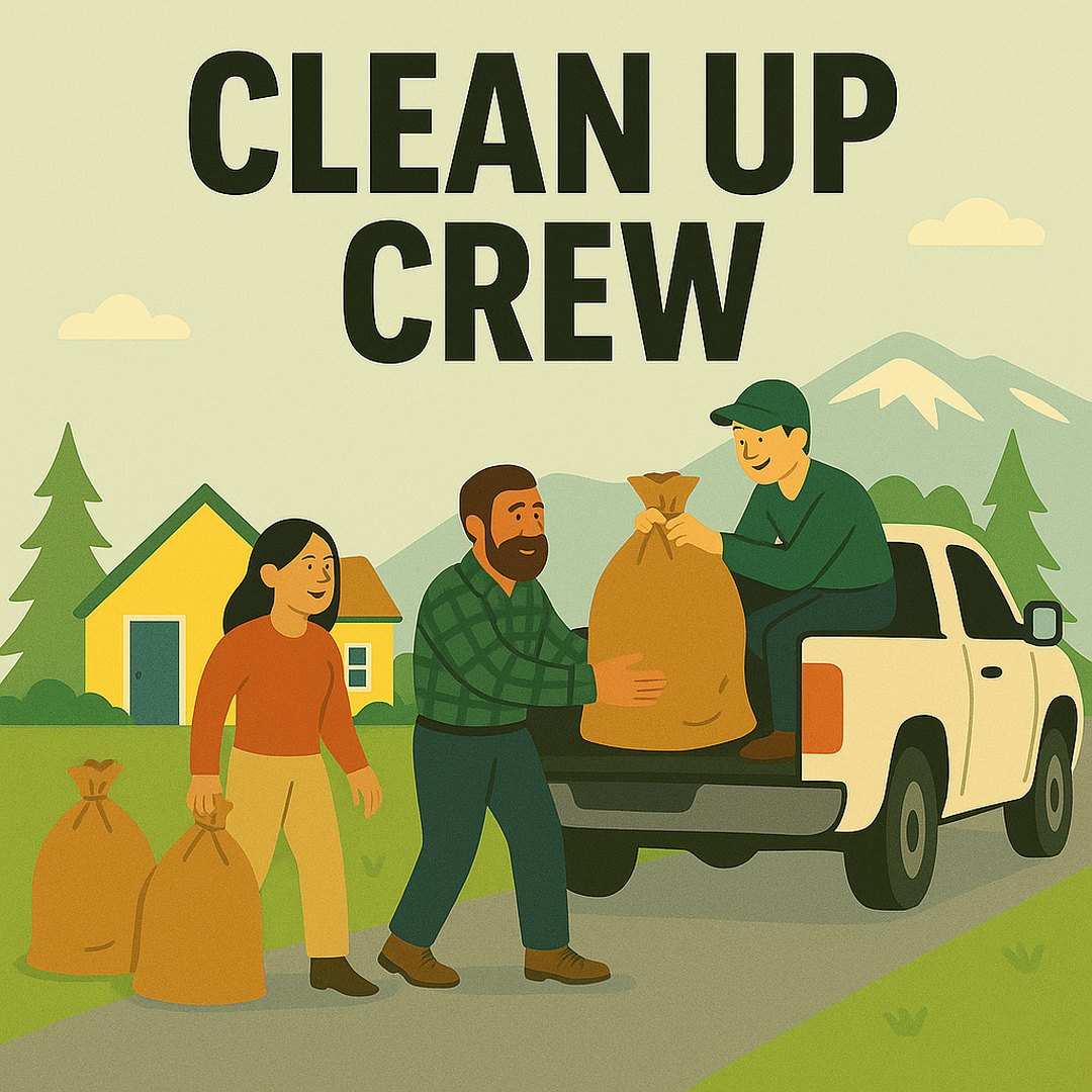 Illustration of three people with trash bags near a truck labeled "Clean Up Crew," set in a rural landscape with trees and mountains.