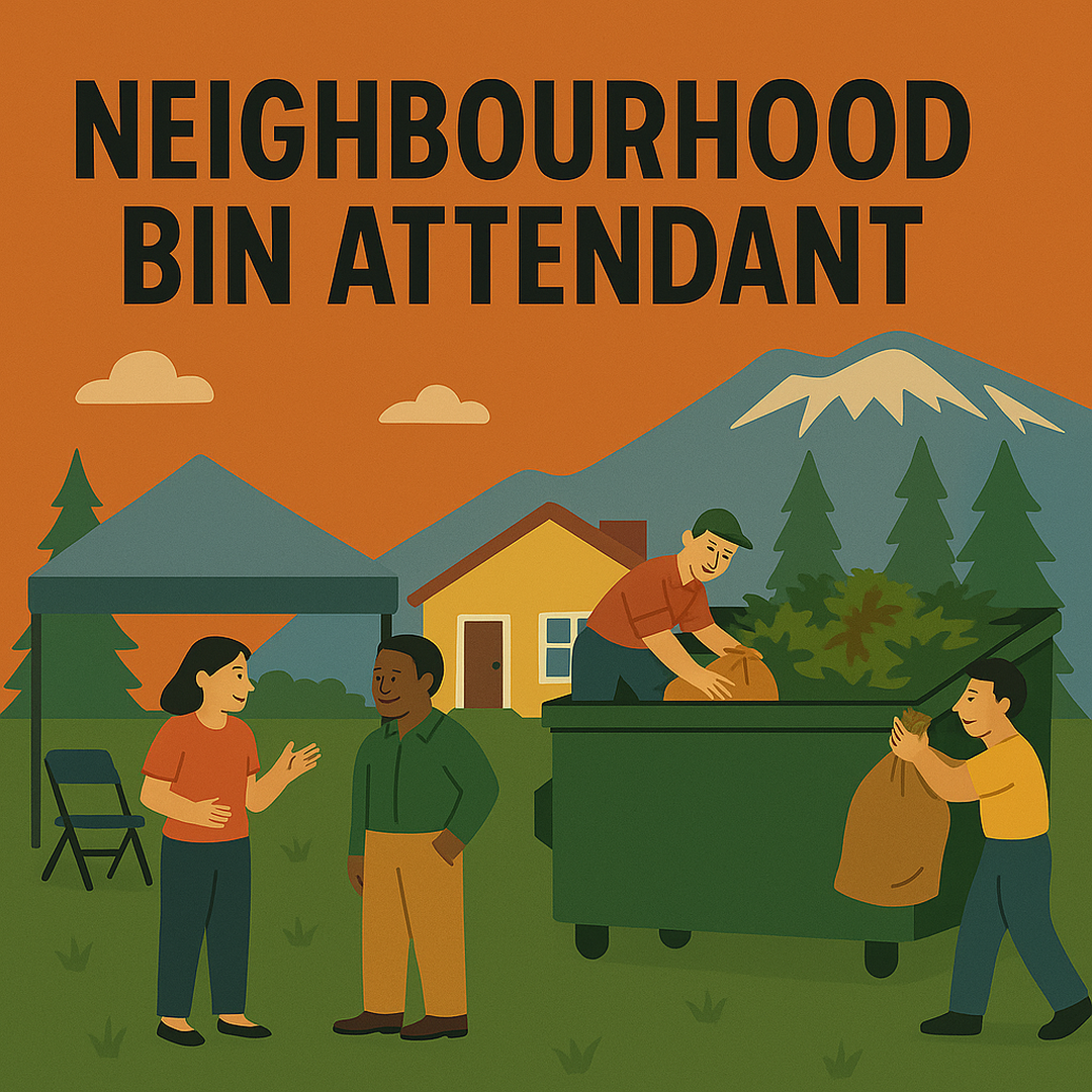 Illustration of people collecting landscaping debris in a neighborhood with mountains and trees in the background, titled "Neighbourhood Bin Attendant."