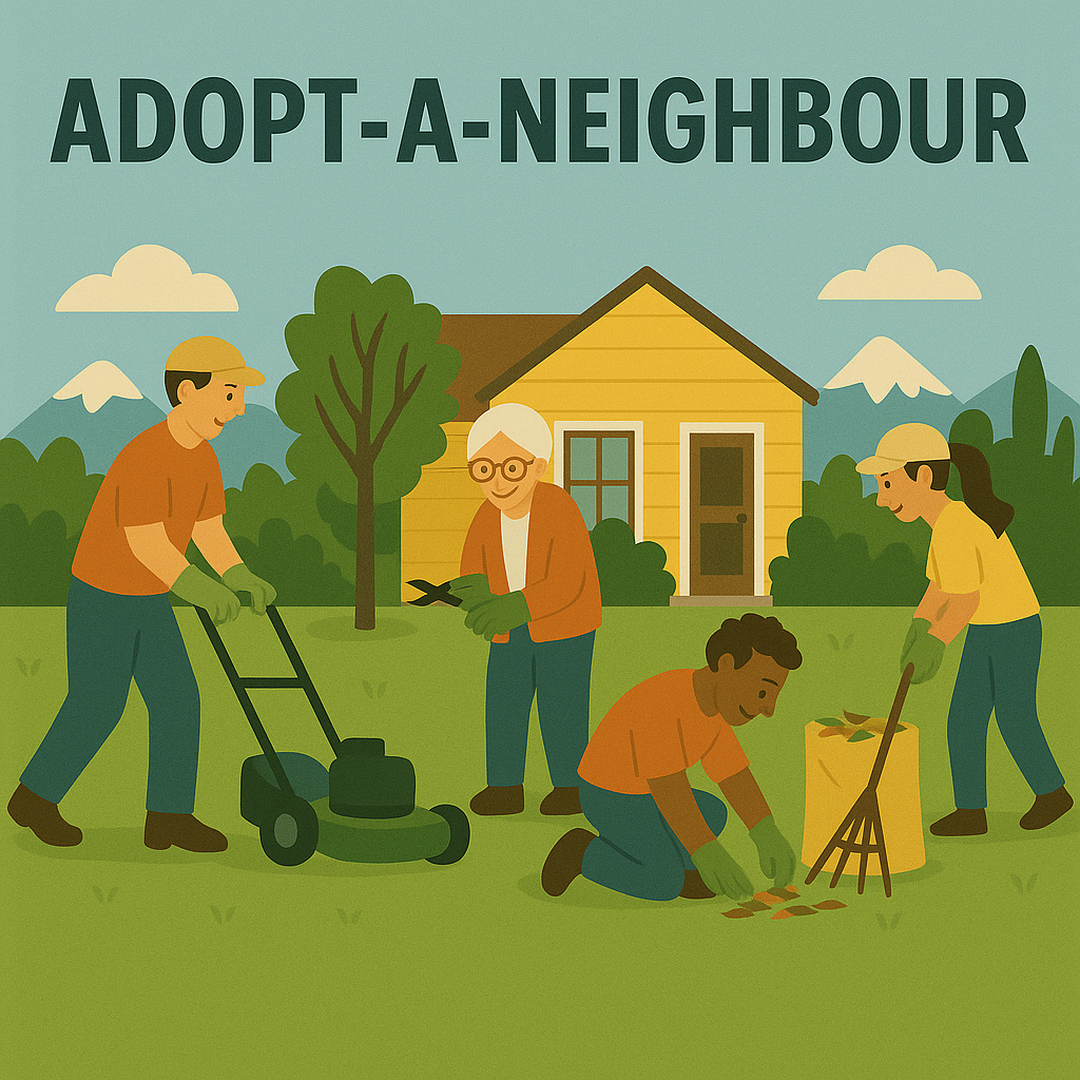 Four people gardening together in front of a house, with the text "Adopt-a-Neighbour" above them.