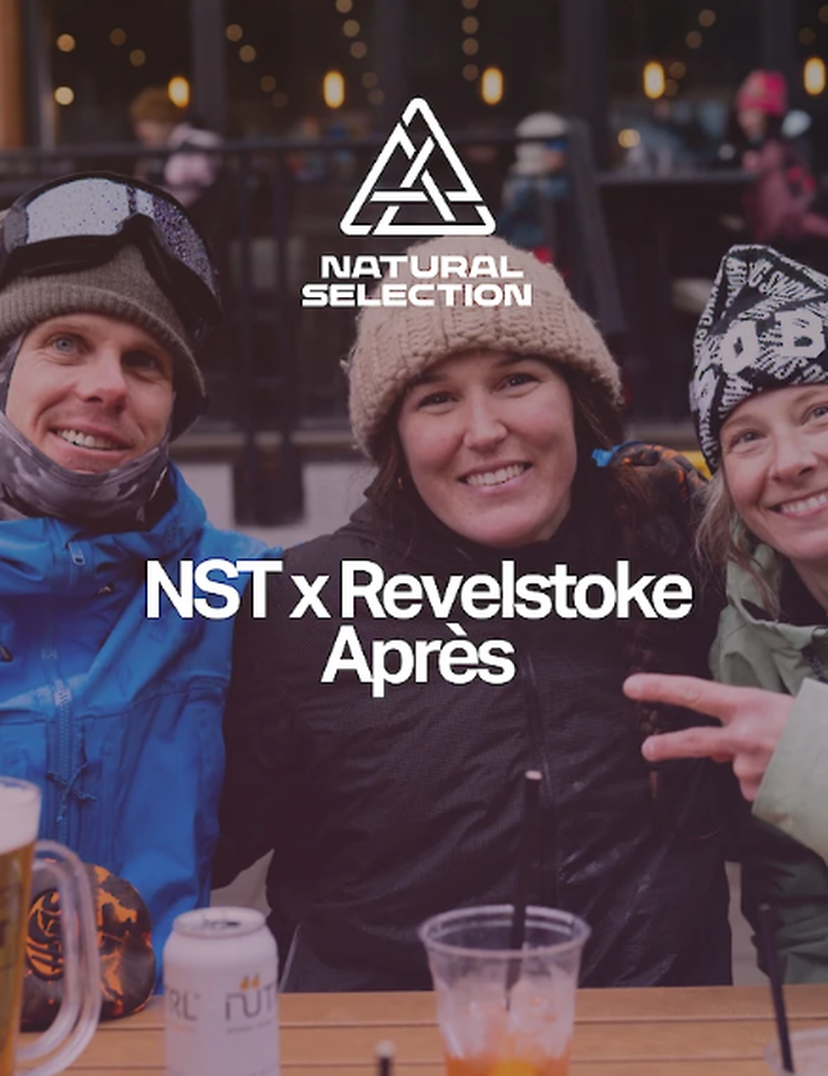 Three people in winter clothing pose smiling at an outdoor table with drinks, under text reading "NST x Revelstoke Après."