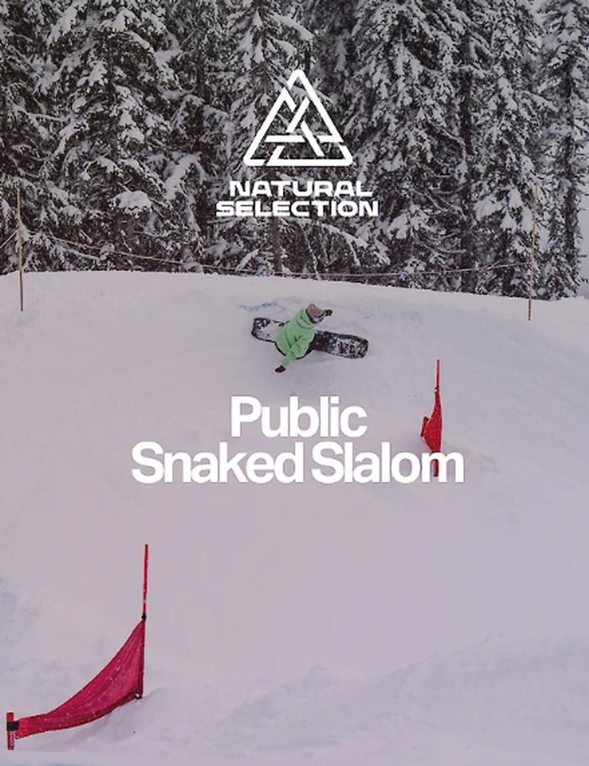 Snowboarder gliding down a snowy slalom course with red and blue gates, surrounded by snow-covered trees. Event logo and text overlay.
