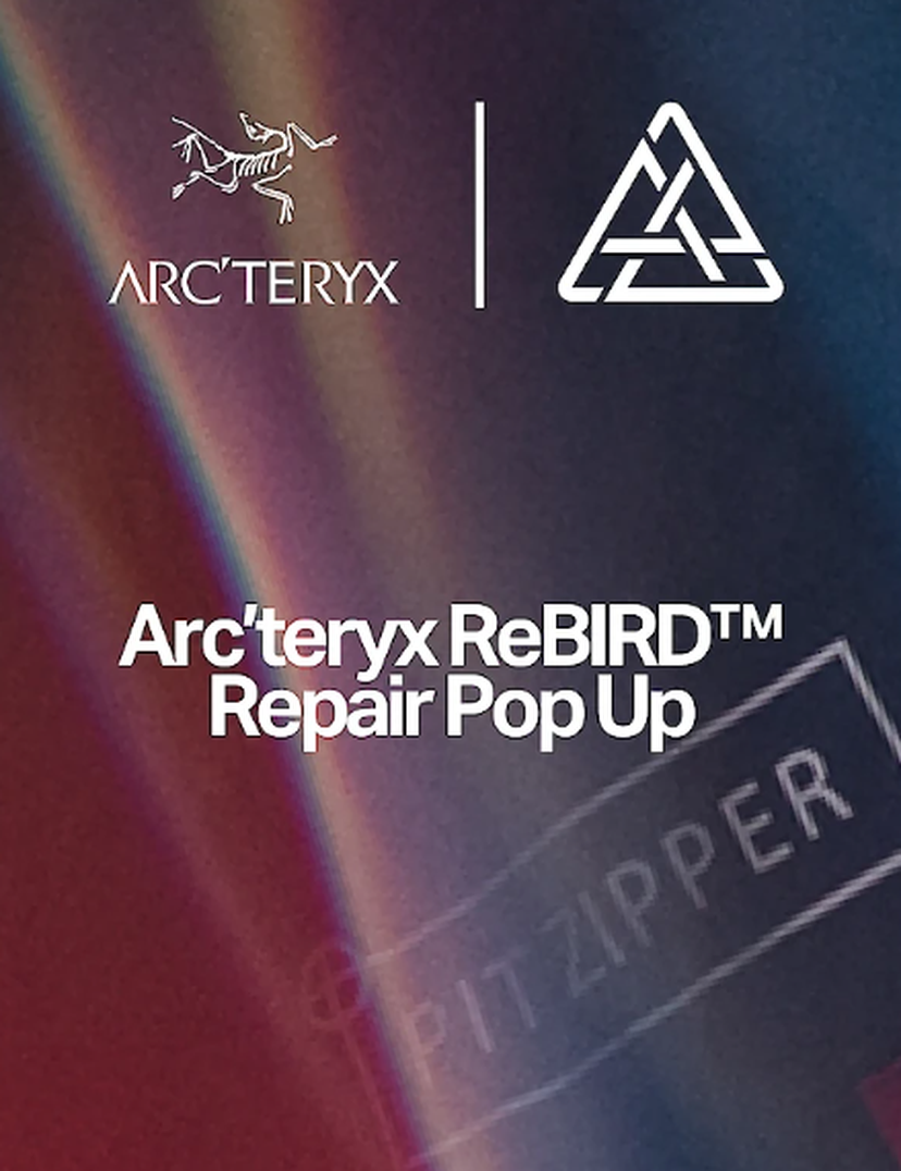 Arc'teryx ReBIRD Repair Pop Up promotional image featuring the brand logos and a colorful, abstract background.