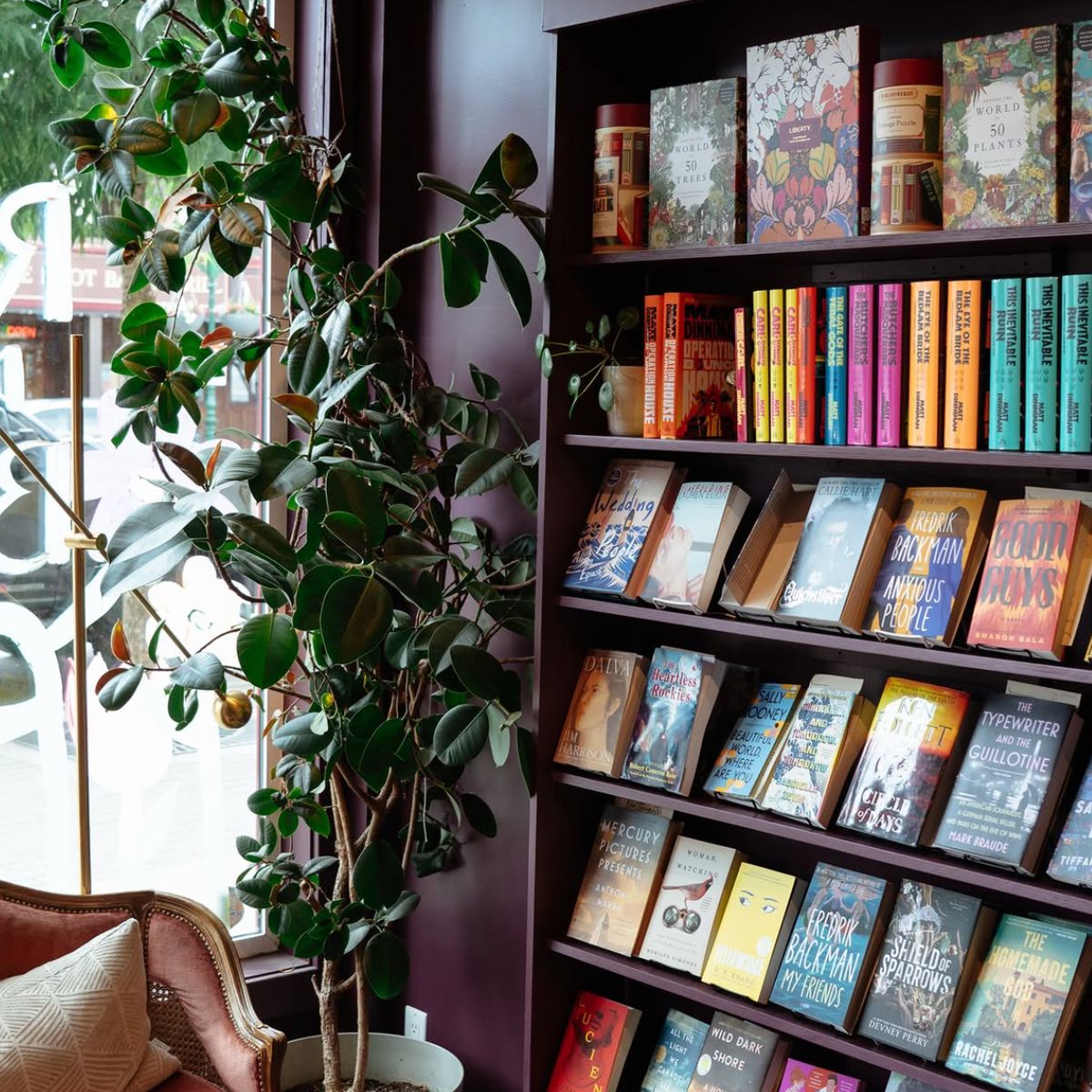 Cozy bookstore corner with a "Staff Picks" bookshelf, vibrant book covers, a potted plant, and a cushioned chair by the window.