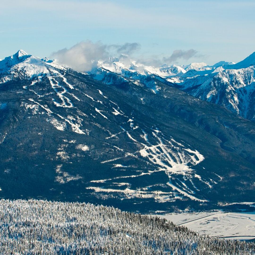 winter aerial photo of Mount Mackenzie with ski runs