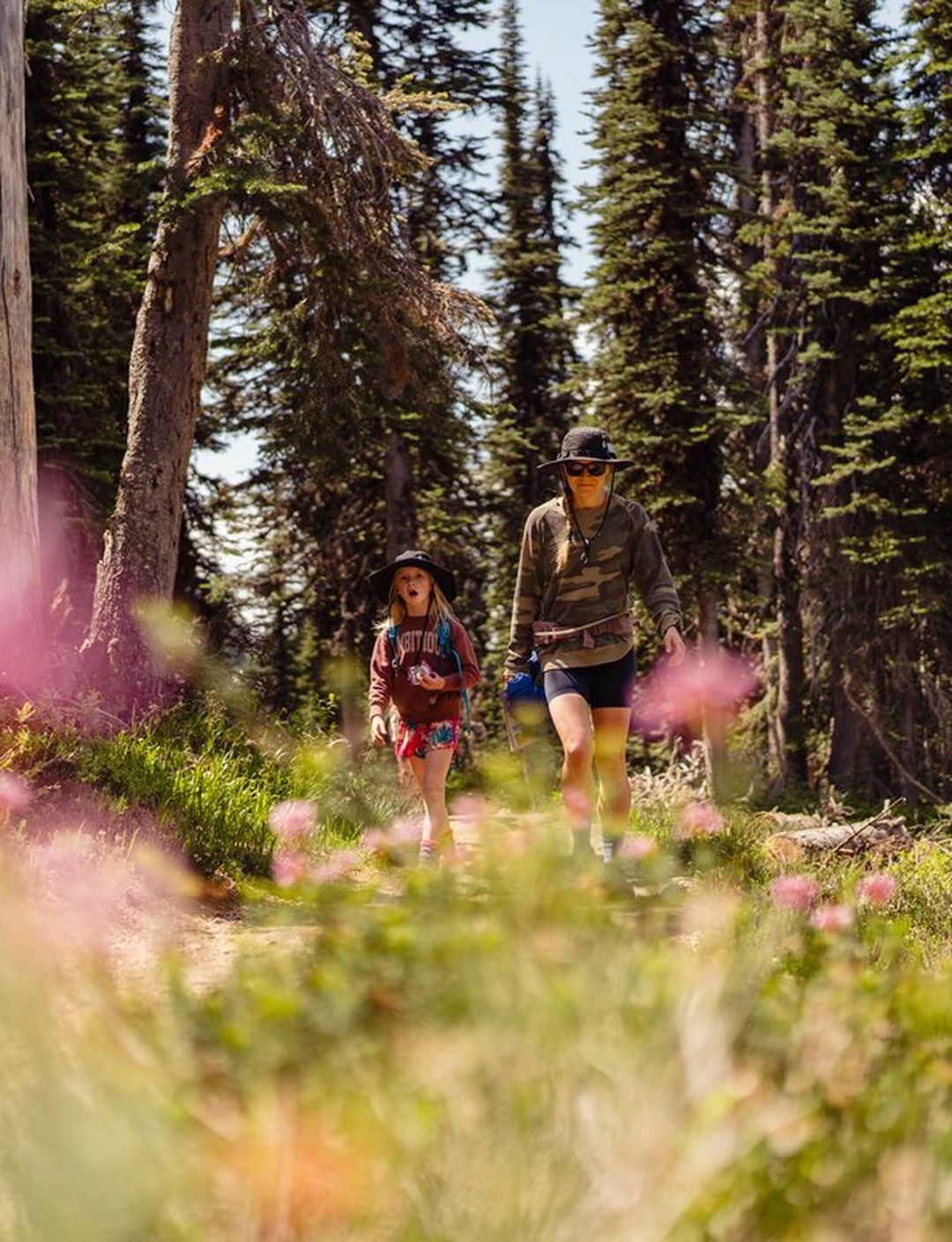 family hiking with wildflowers in foreground