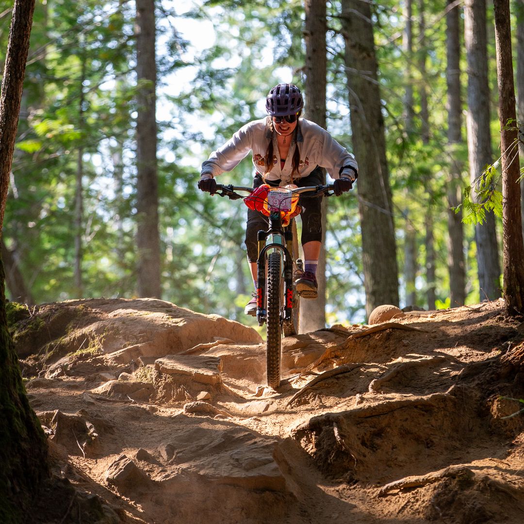 Mountain biker navigating a rugged, sunlit forest trail, surrounded by tall trees and dappled light filtering through the canopy.