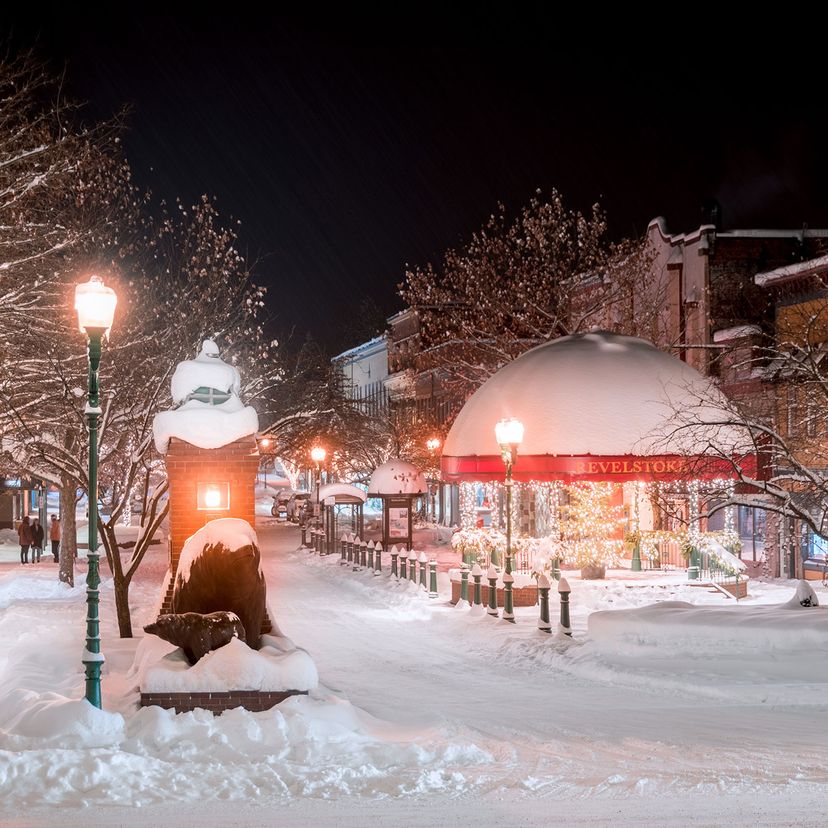 clear night in downtown streets of revelstoke