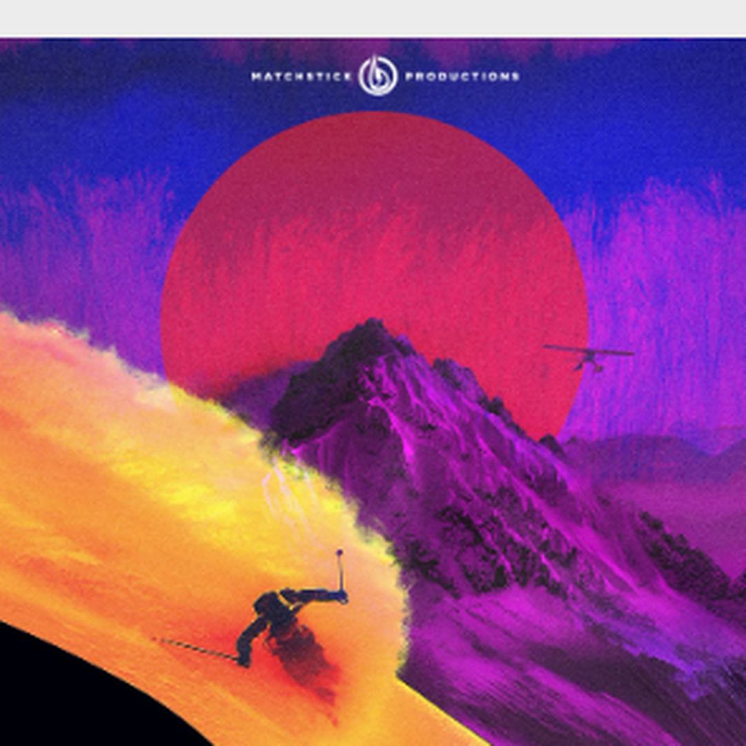 Skier descending a vibrant, colorful mountain slope with a red sun and purple sky in the background.