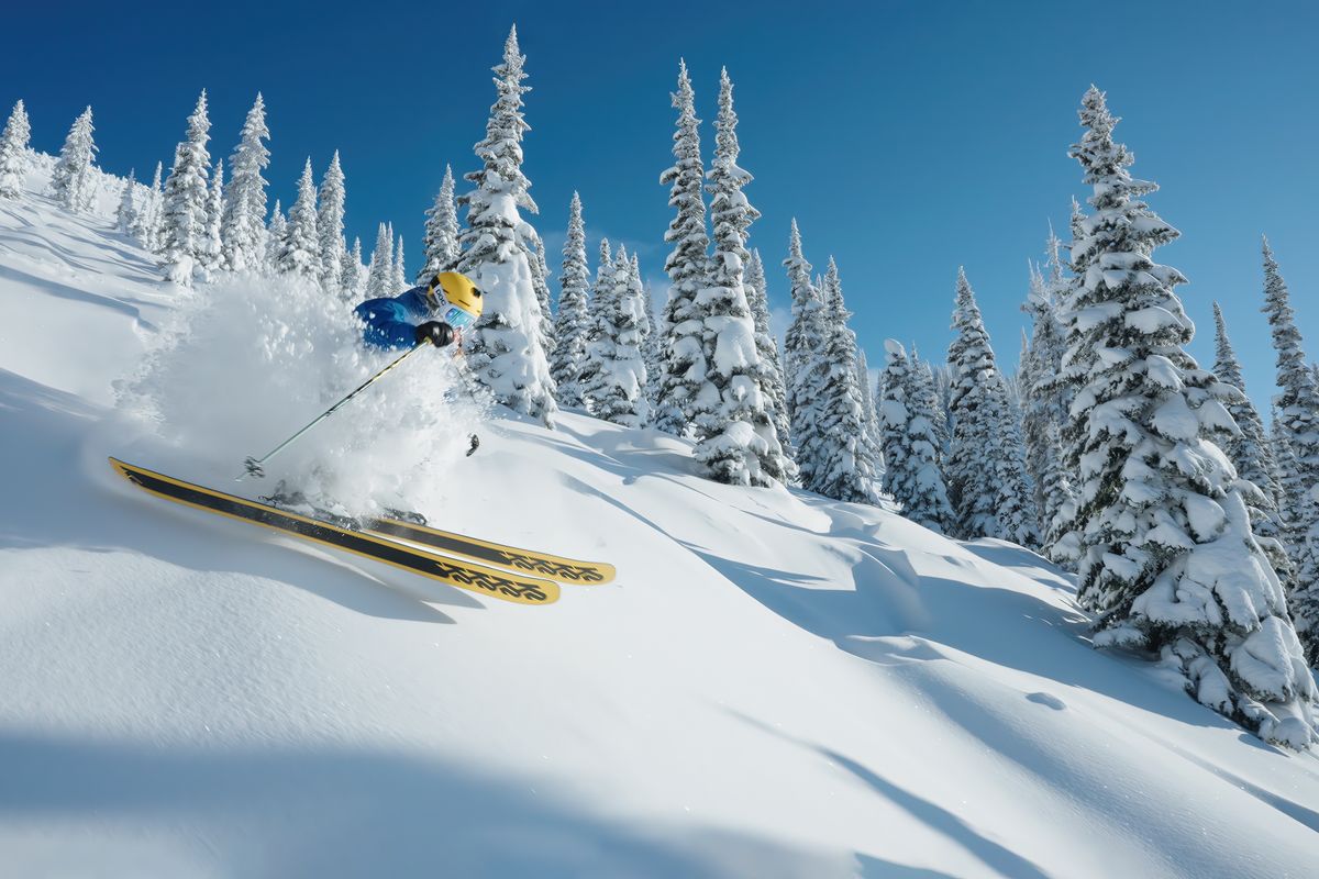 skiing through powder on blue bird day