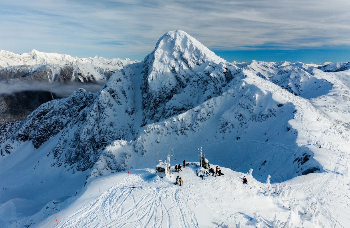 drone shot of peak of mountain