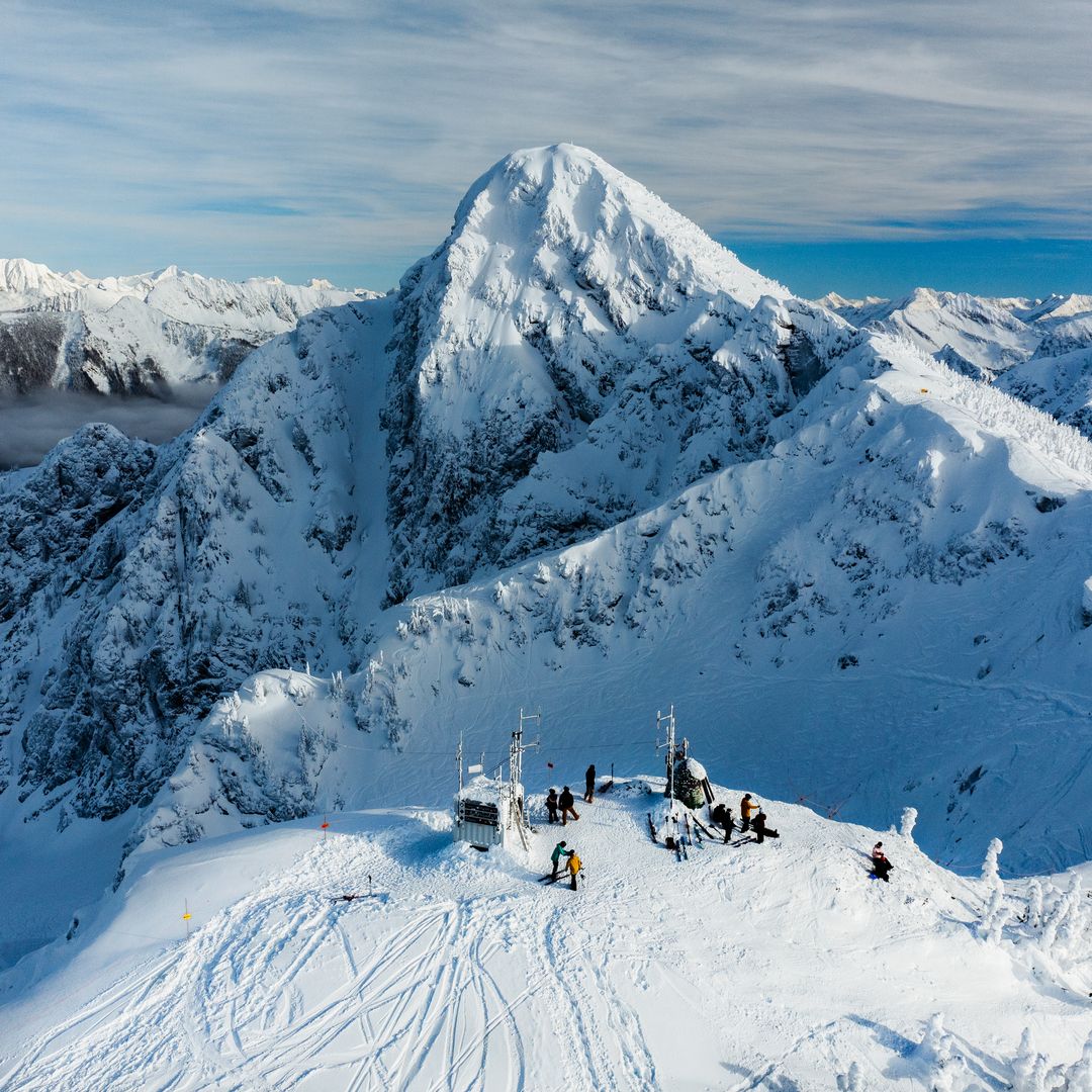 drone shot of peak of mountain