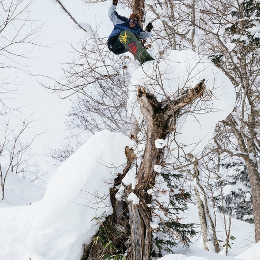 snowboarder hitting tree jump