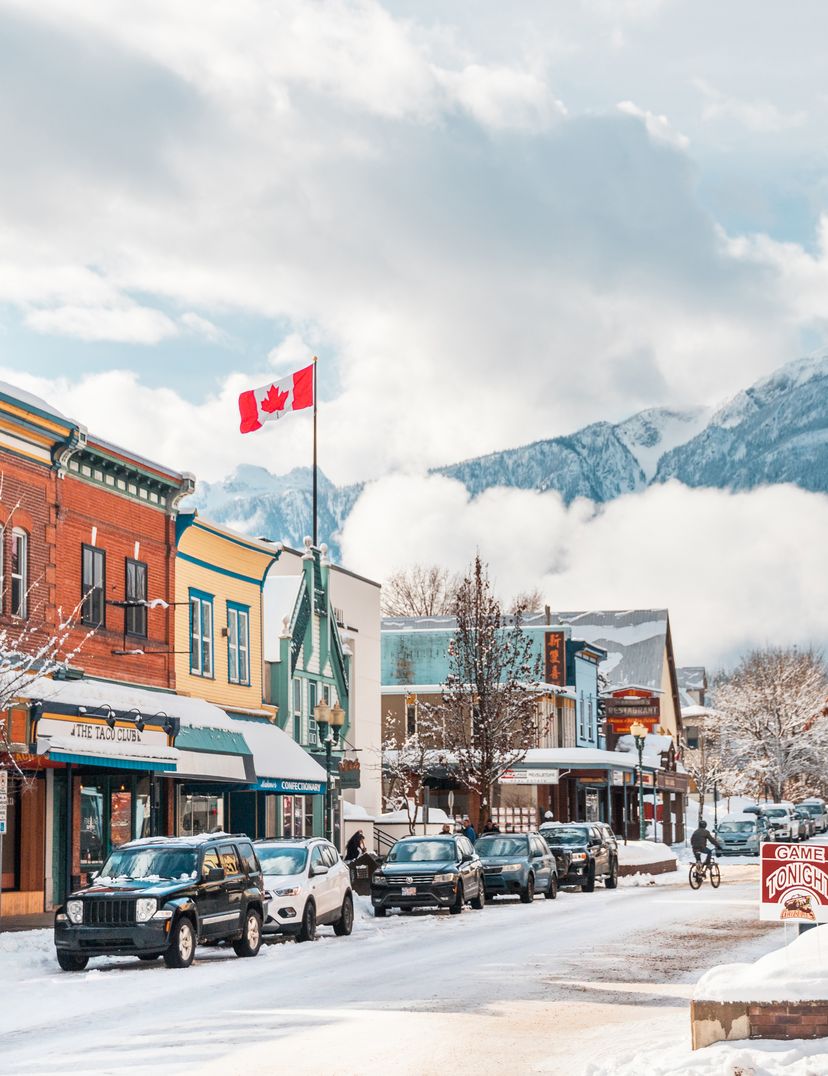 snowy streets of revelstoke on a sunny day