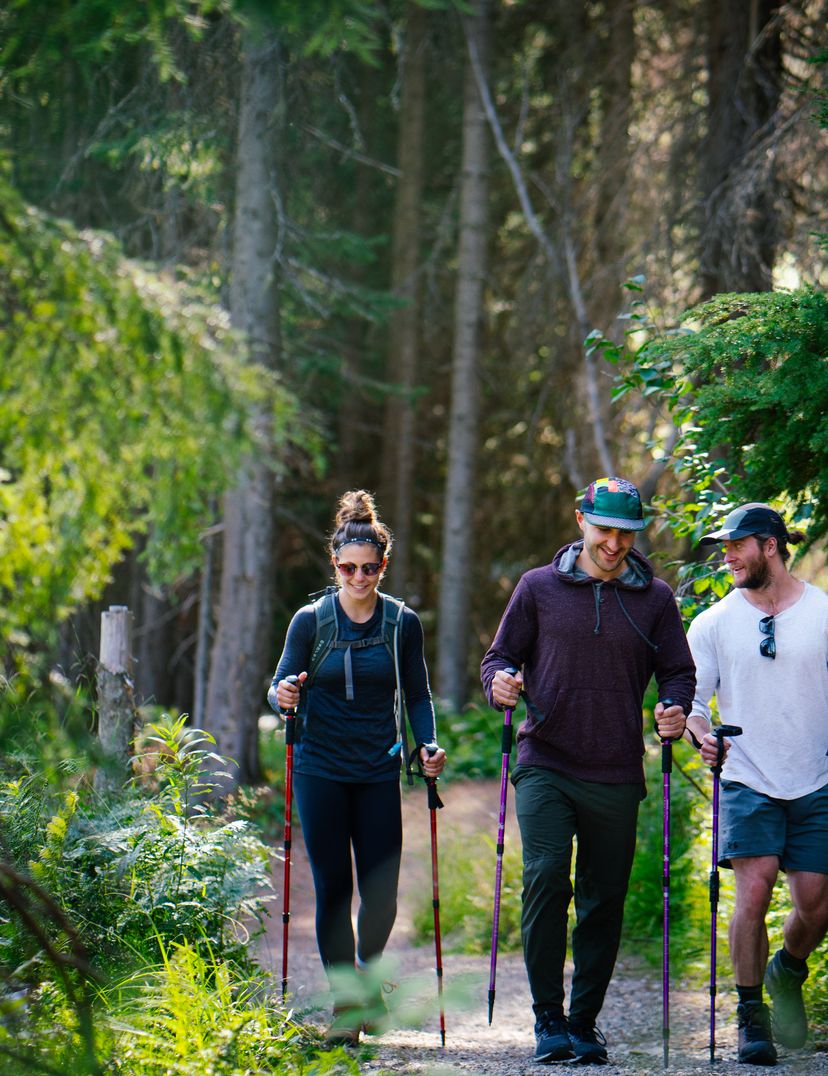 group of three hiking with poles on wide path