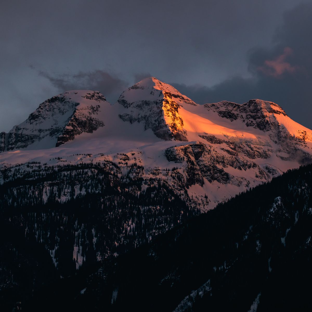 Snow-covered mountain peaks bathed in orange alpenglow at sunset, looming above dark forested slopes under a moody twilight sky.