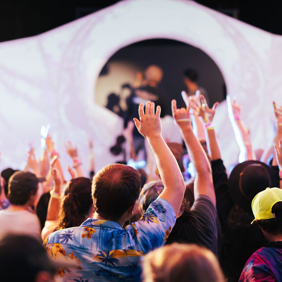 crowd with arms up