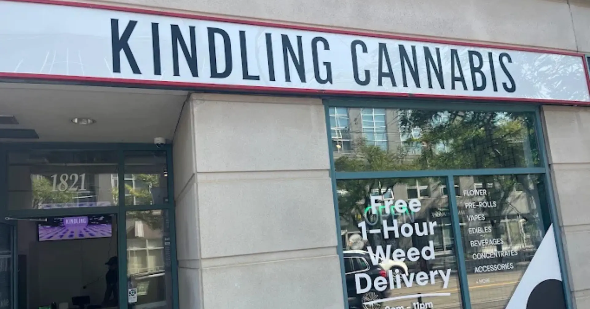 Storefront of Kindling cannabis store at 1821 Queen St E, The Beaches, Toronto (M4L 3Z6)