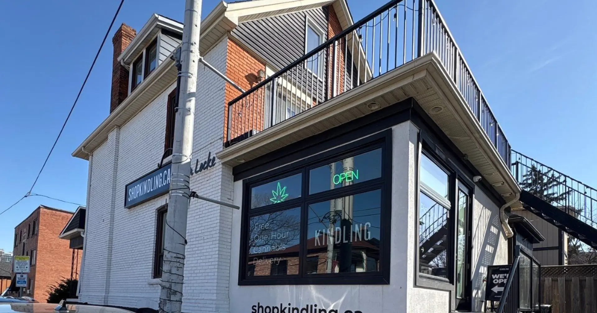 Front entrance and window of Kindling’s Hamilton cannabis store at 35 Pine St