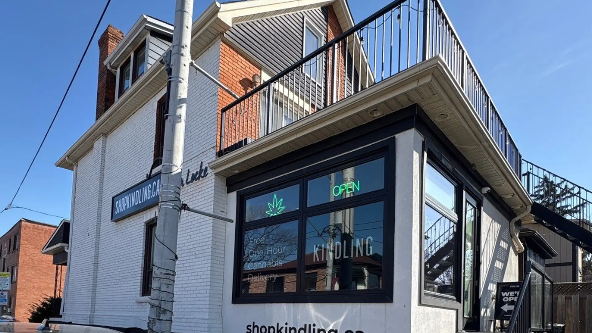 Front entrance and window of Kindling’s Hamilton cannabis store at 35 Pine St