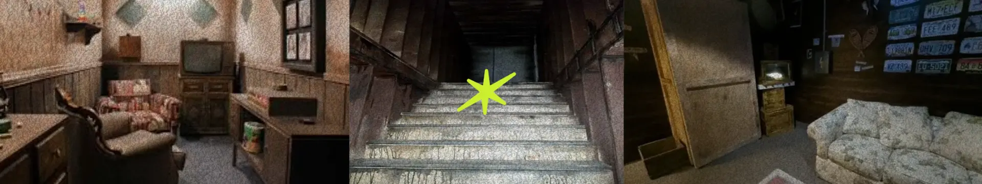dark scary stairs with abandoned rooms and grungy looks designed for escape rooms in brampton with kindling one hour cannabis delivery service brand logo in neon