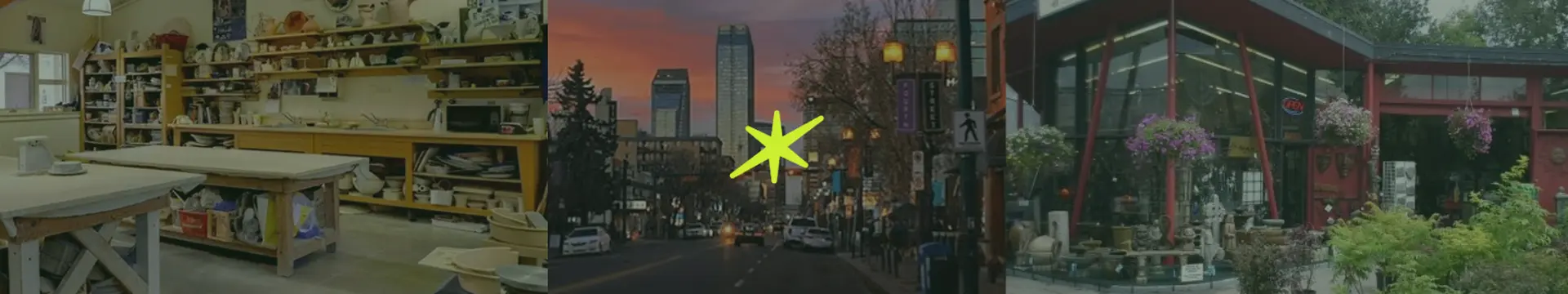 calgary 4th street skyline with plantation center and arts center of 4th street and kindling cannabis delivery services spark logo in neon green