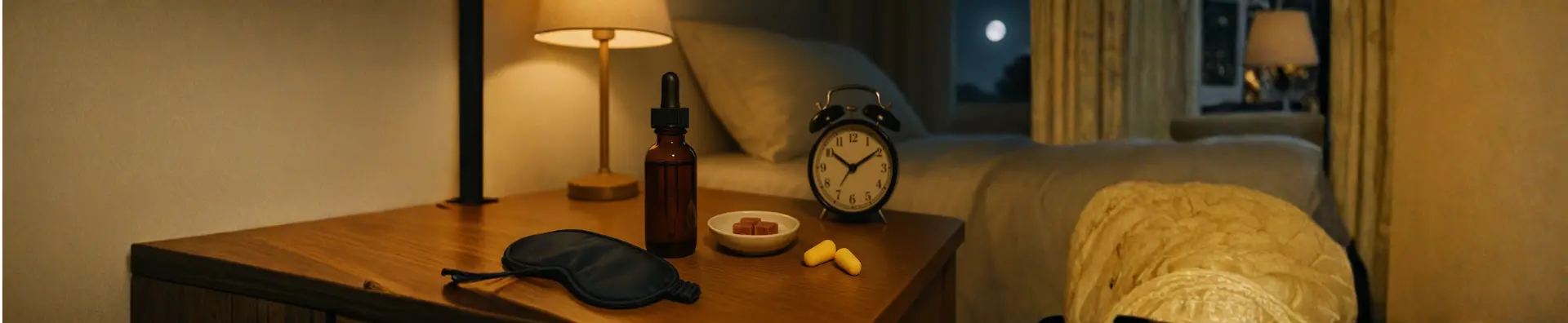 Amber CBN tincture on a wooden nightstand with sleep mask, earplugs, gummies, and an analog alarm clock under warm lamp and moonlight.