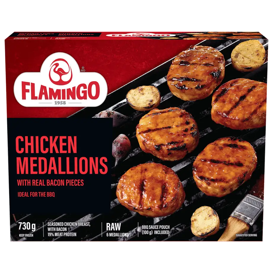 Flamingo chicken medallions with real bacon pieces