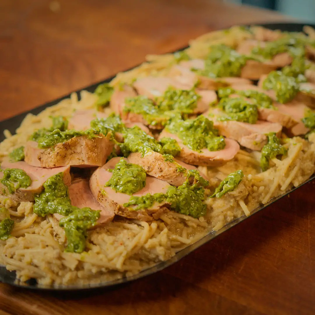 pâtes au filet de porc et champignons avec chimichuri