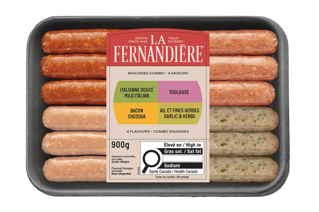 Saucisses italienne douce, toulouse, bacon cheddar et ail et fines herbes La Fernandière