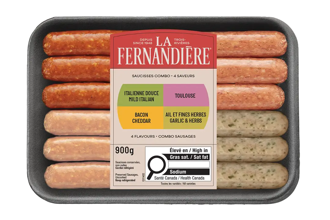 Saucisses italienne douce, toulouse, bacon cheddar et ail et fines herbes La Fernandière