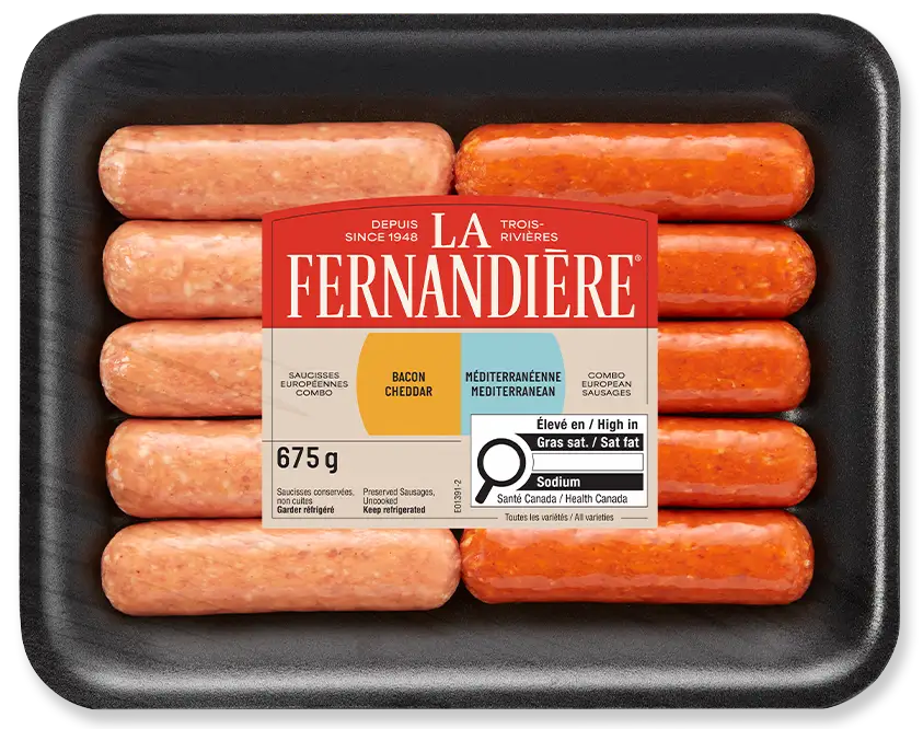 Saucisses combo bacon cheddar et mediterranéene La Fernandière