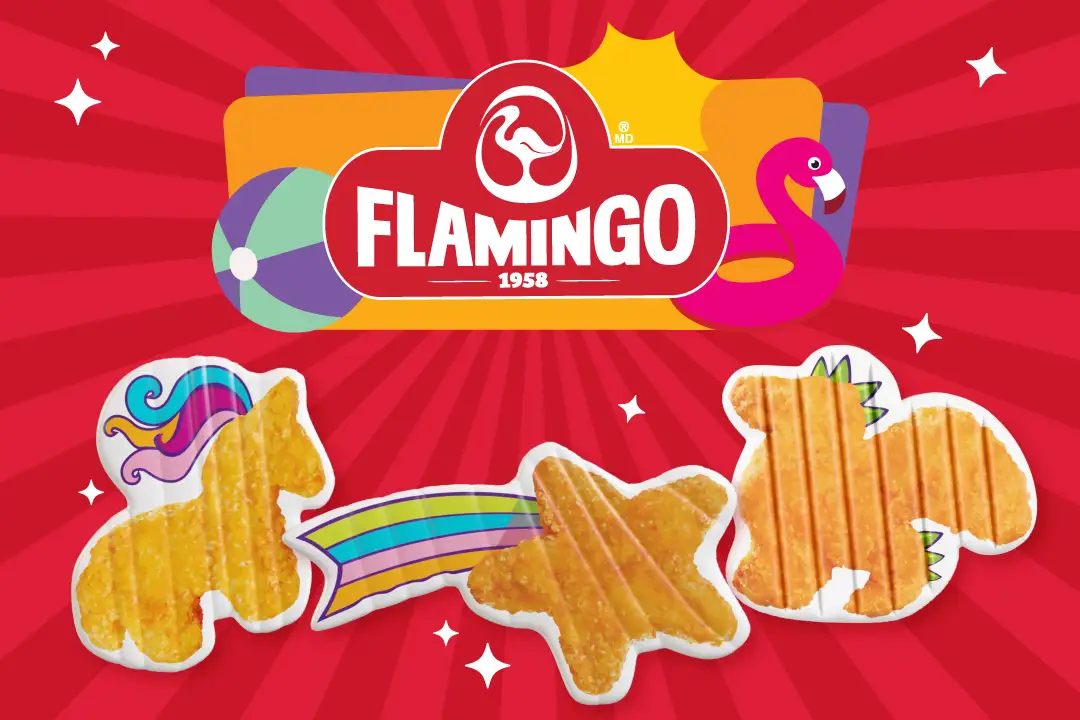 Logo Flamingo et gonflables de piscine en forme de pépites fantastiques