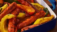Saucisses La Fernandière avec piments jaunes, verts et rouges