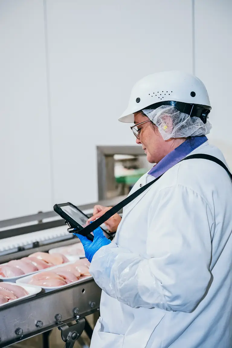 Un travailleur en tenue de protection inspecte de la viande emballée sur un tapis roulant, utilisant une tablette pour la saisie de données dans une installation de transformation alimentaire.