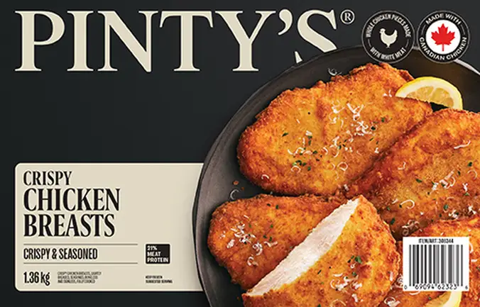 Crispy chicken breasts packaging from Pinty's