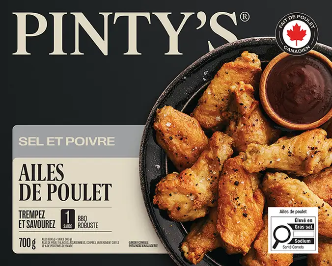 Emballage du produit d'ailes de poulet sel et poivre de Pinty's