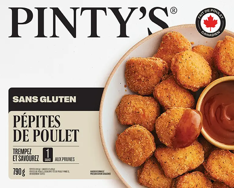 Emballage produit Pinty's pépites de poulet sans gluten