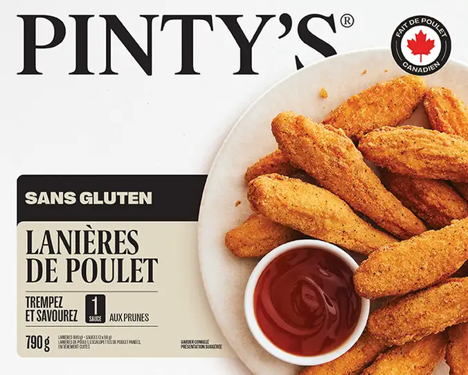 Emballage produit Pinty's lanières de poulet sans gluten