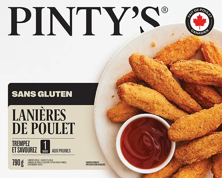 Emballage produit Pinty's lanières de poulet sans gluten