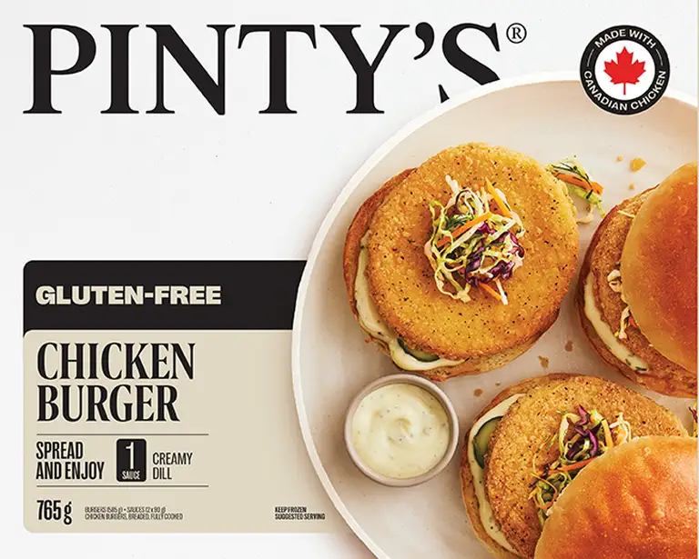 Pinty's gluten free chicken burger packaging