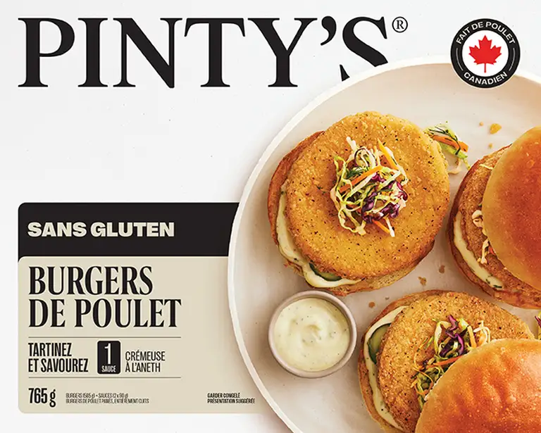 Emballage produti Pinty's burger de poulet sans gluten
