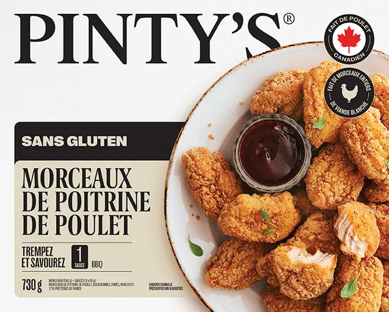 Emballage produit Pinty's morceaux de poitrine de poulet sans gluten