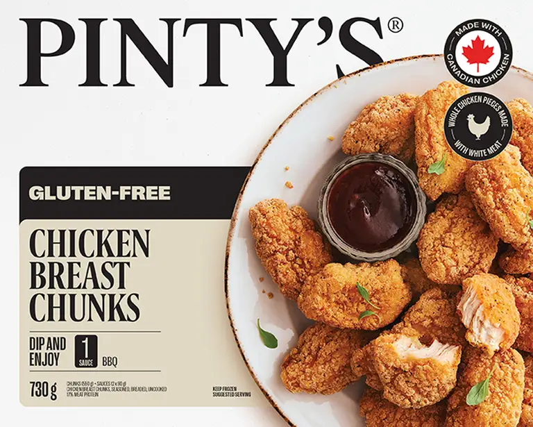 Pinty's gluten free chicken breast chunks packaging