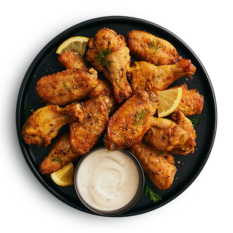 Assiette d'ailes de poulet citron et poivre avec sauce crémeuse à l'aneth