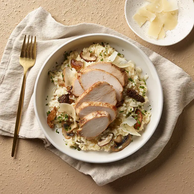 risotto aux champignons, poitrine de dindon à l'érable et parmesan