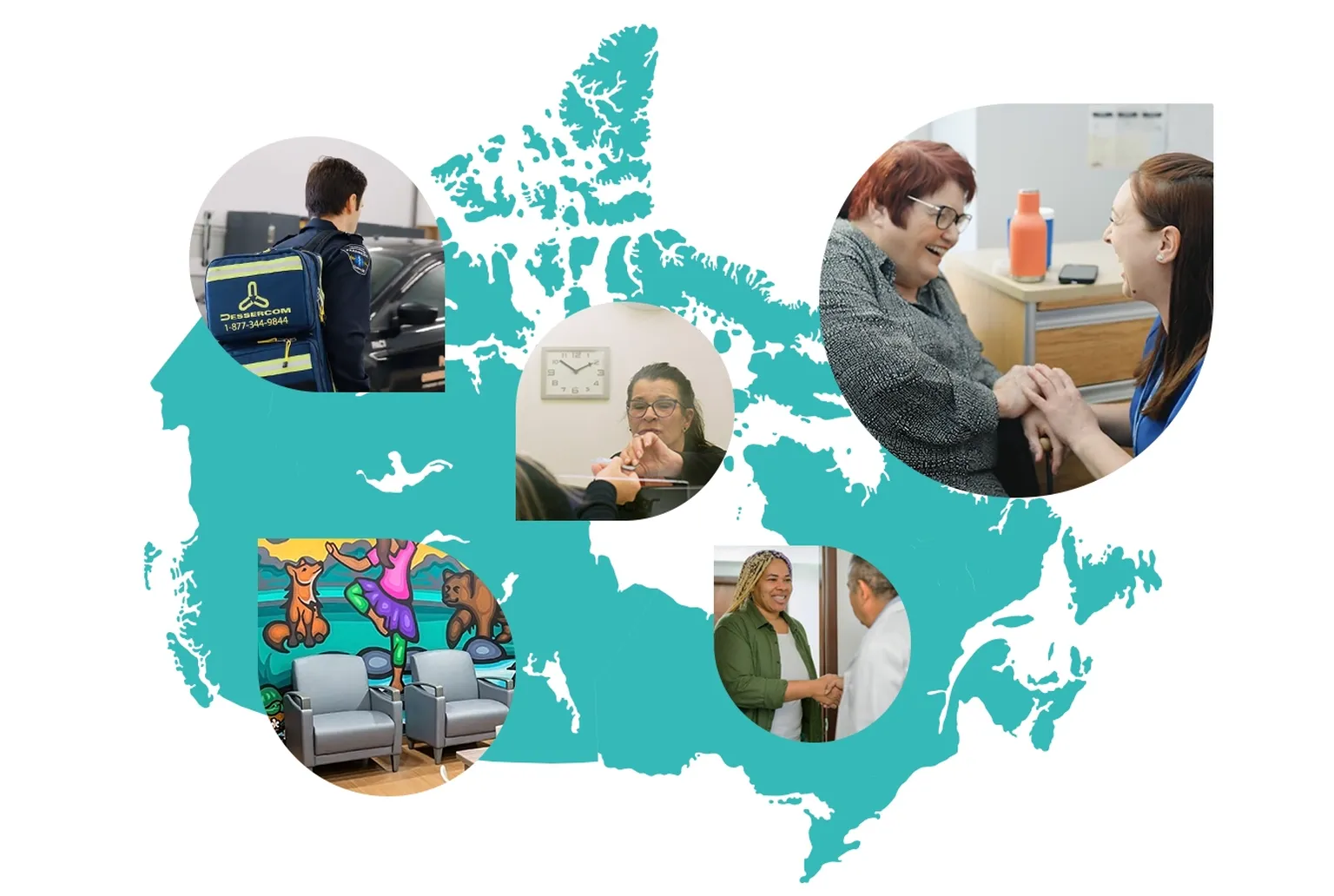 Map of Canada with overlaid circles showing healthcare workers, patient consultations, and a brightly decorated waiting room.