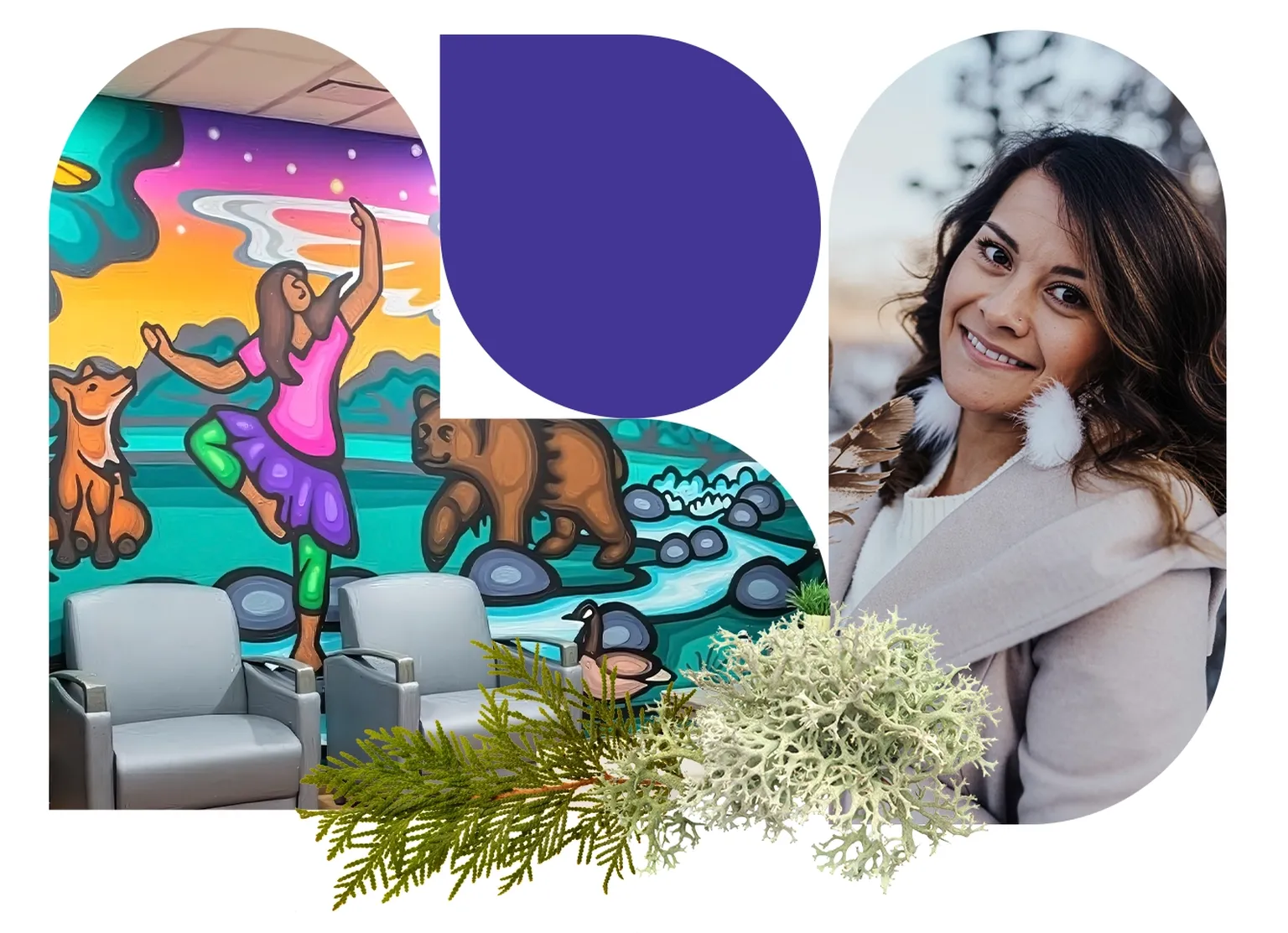 Colorful mural with a dancing figure and animals, a smiling woman, and natural elements like greenery in the foreground.