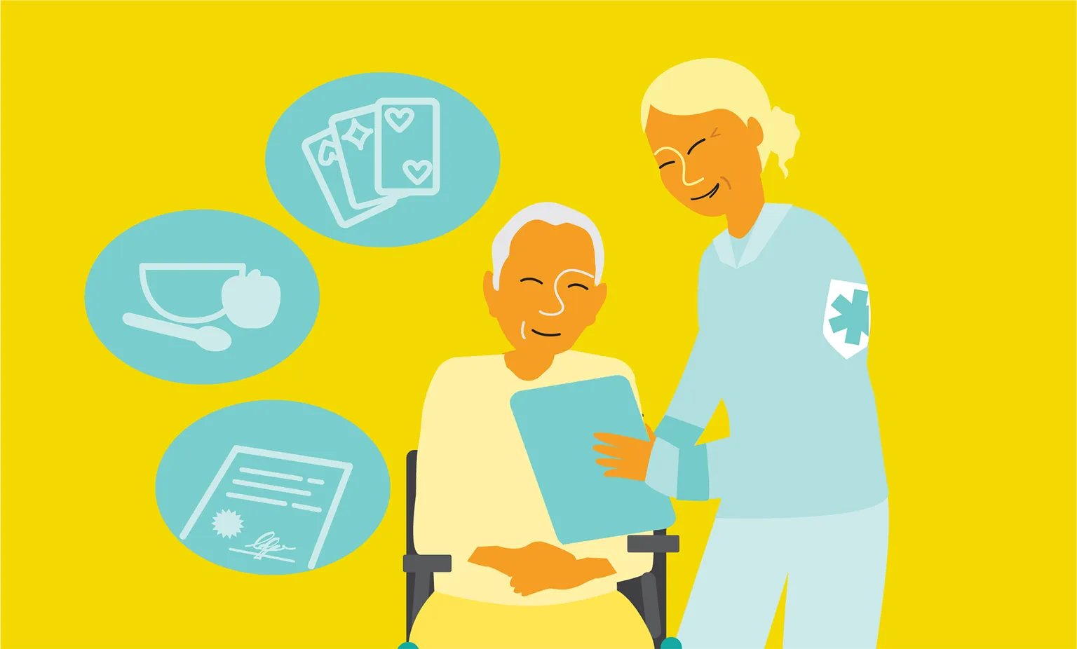Illustration of a healthcare provider showing a tablet to a seated individual with three surrounding bubbles containing images of playing cards, food and reading material signifying connection to resources and support.